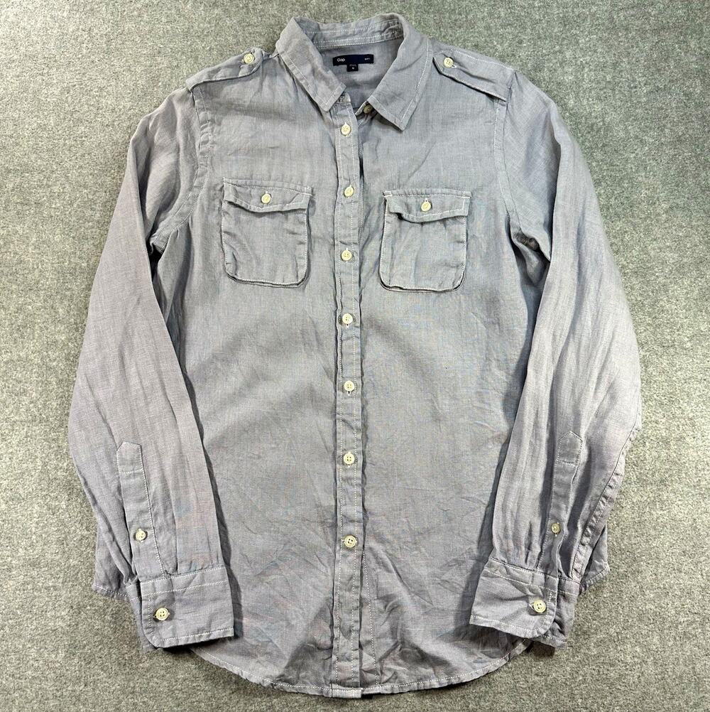 Gap Shirt Womens Medium Gray 100% Linen Button Up Utility Long Sleeve Pockets